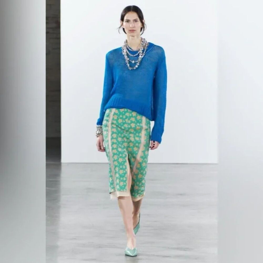 Zara Limited Edition Floral Jacquard Midi Skirt XS Teal Gold Brocade Elegant